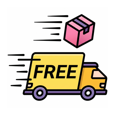 Illustration of a delivery truck with 'FREE' on the side and a pink box above it.
