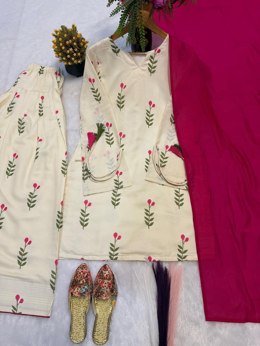 Farsi Salwar Kurti pant dupatta set Pink