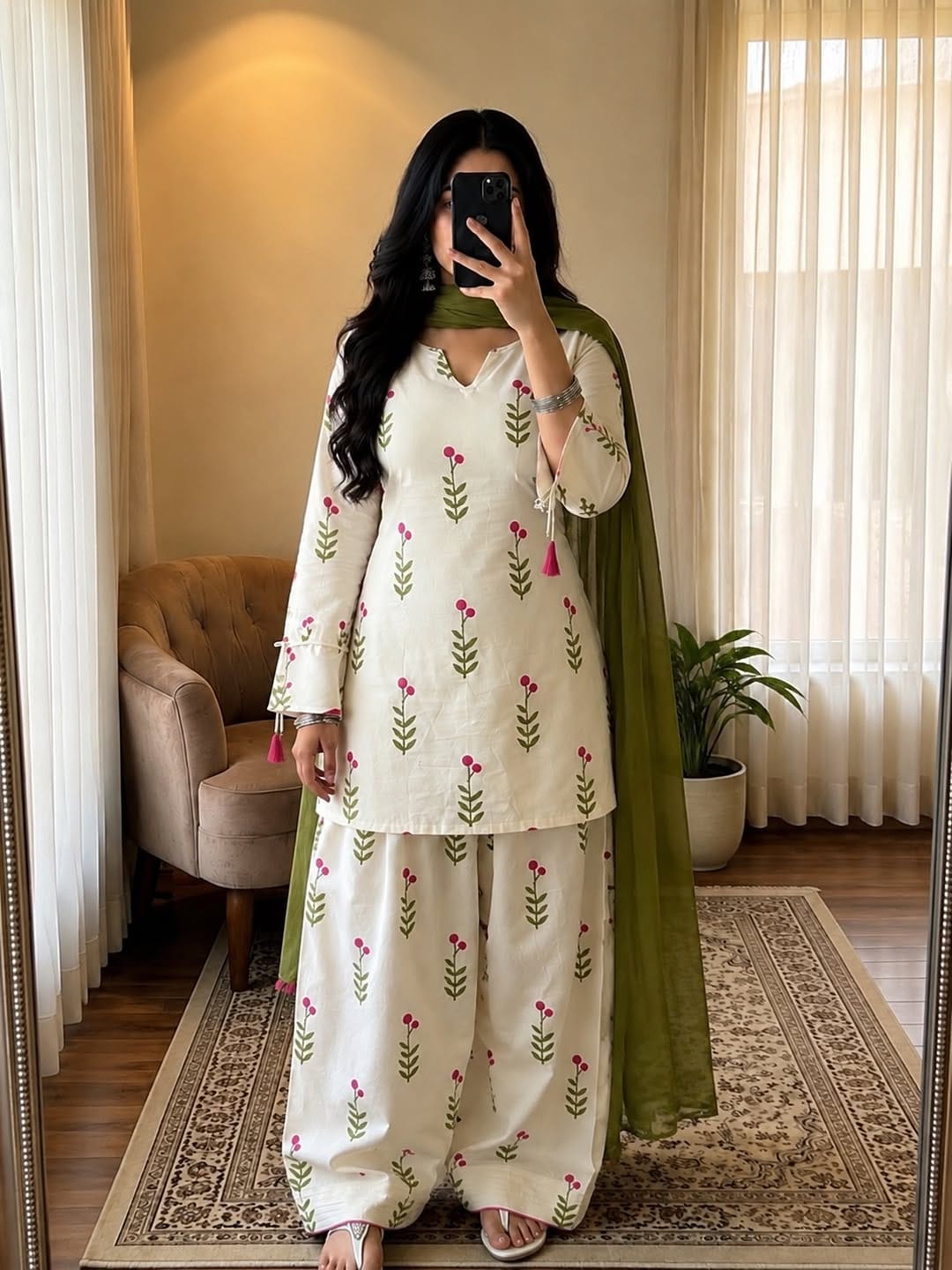 Farsi Salwar Kurti pant dupatta set Green
