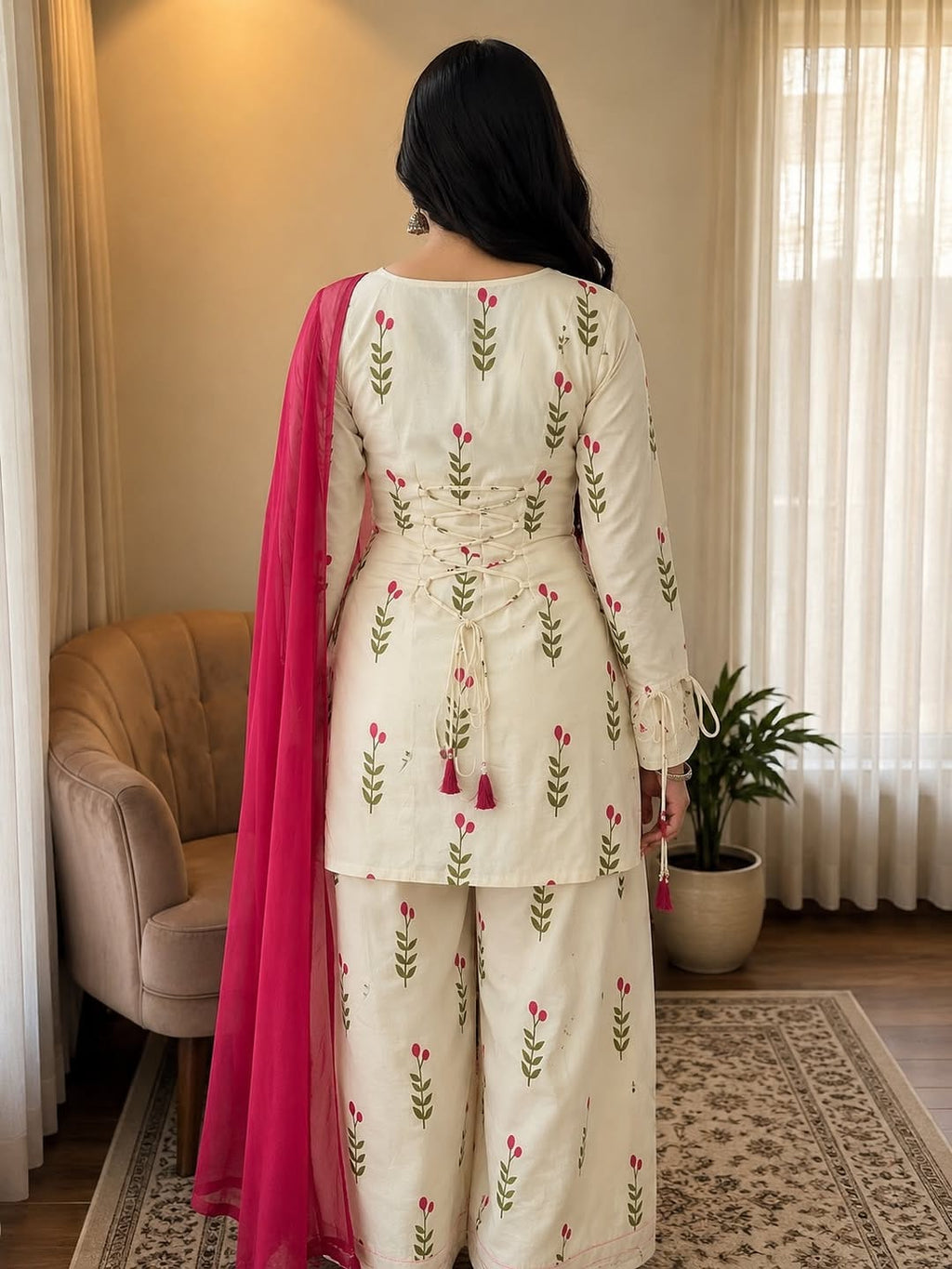 Farsi Salwar Kurti pant dupatta set Pink