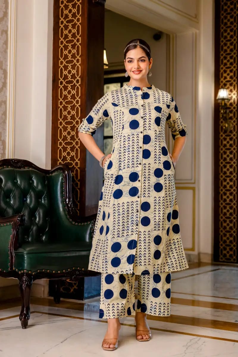 New kurti Palazza set-(white and blue)