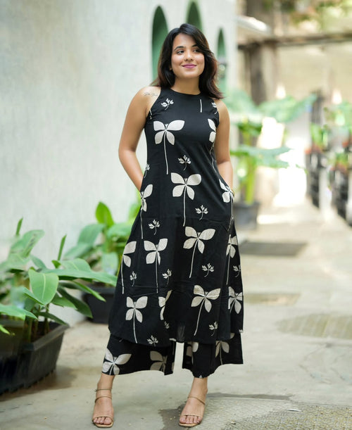Black Floral Cotton Kurti Palazzo Set