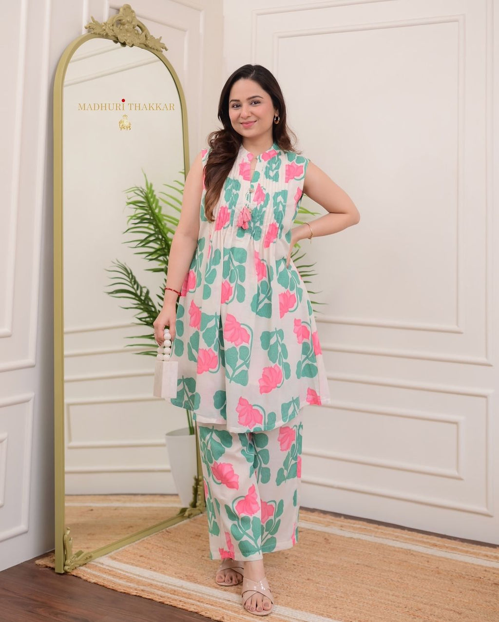 New Kurti Pant -(Green White)