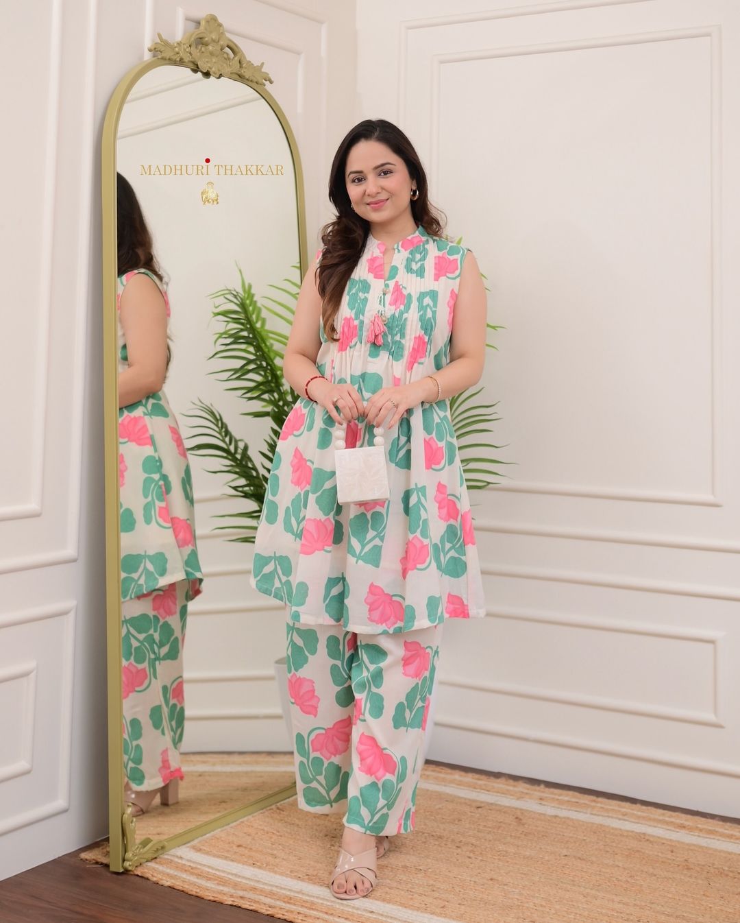 New Kurti Pant -(Green White)
