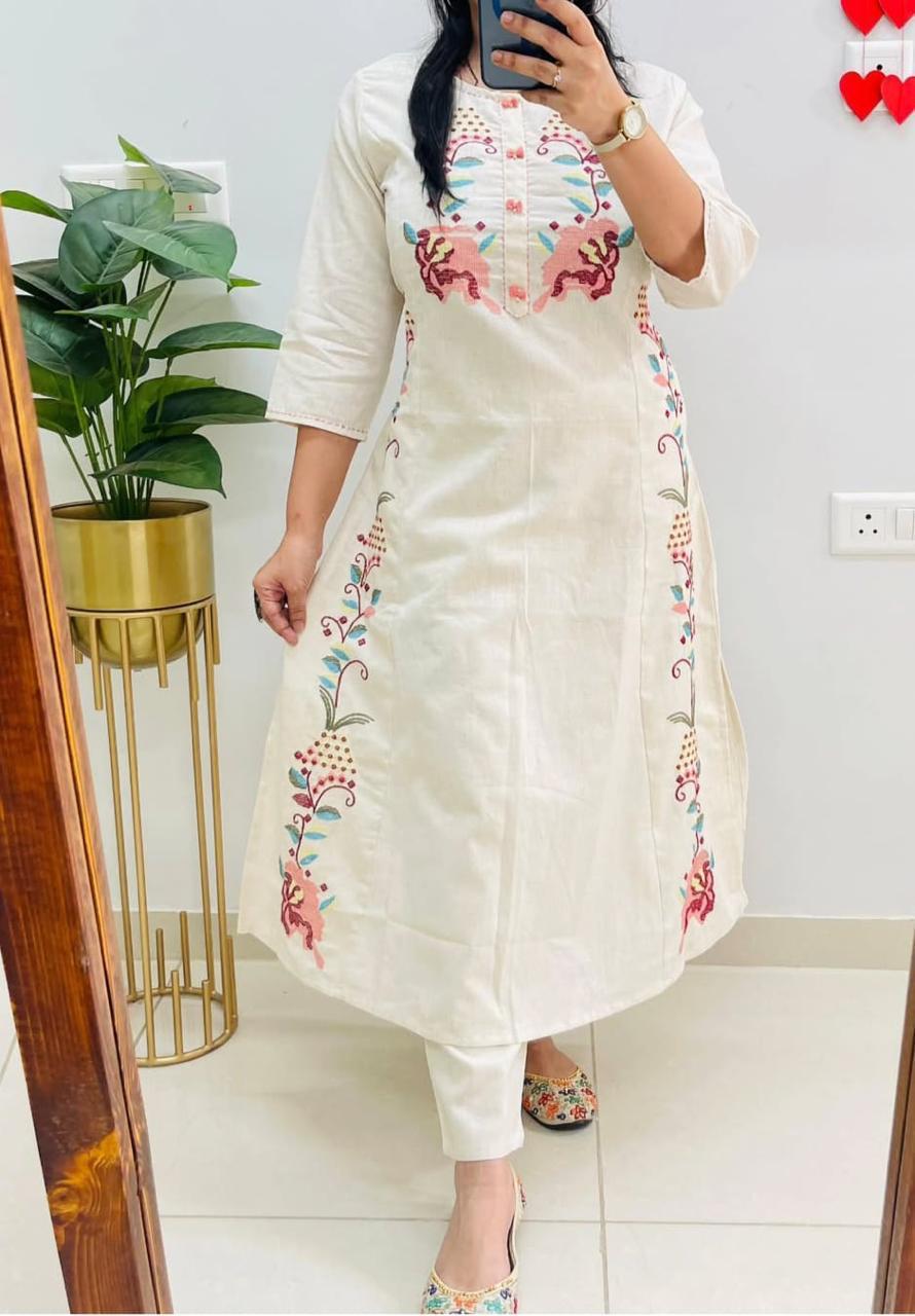 Latest kurti pant set -(White)