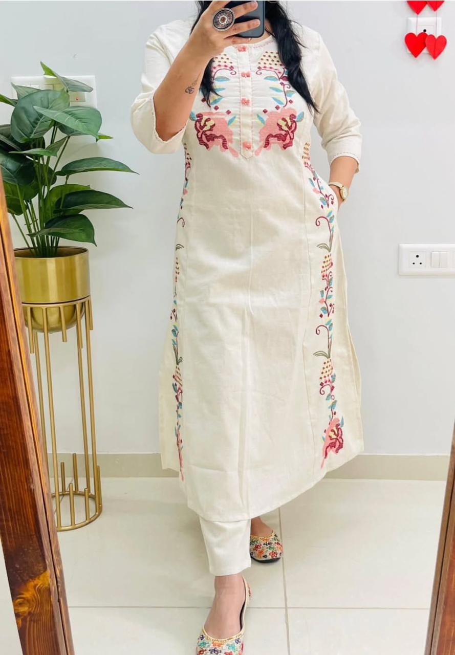 Latest kurti pant set -(White)